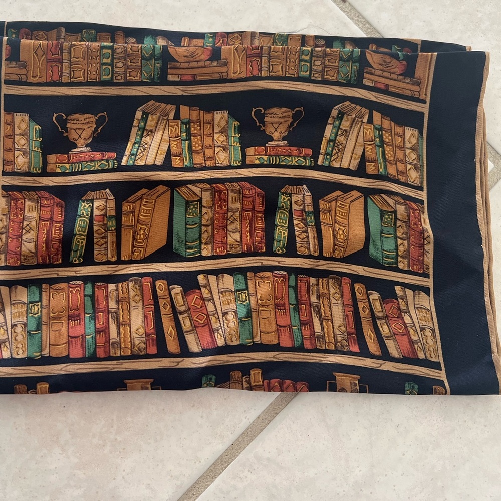 Library Print Silk Scarf - Navy with Multicolor Books hand rolled edges 11”x52”